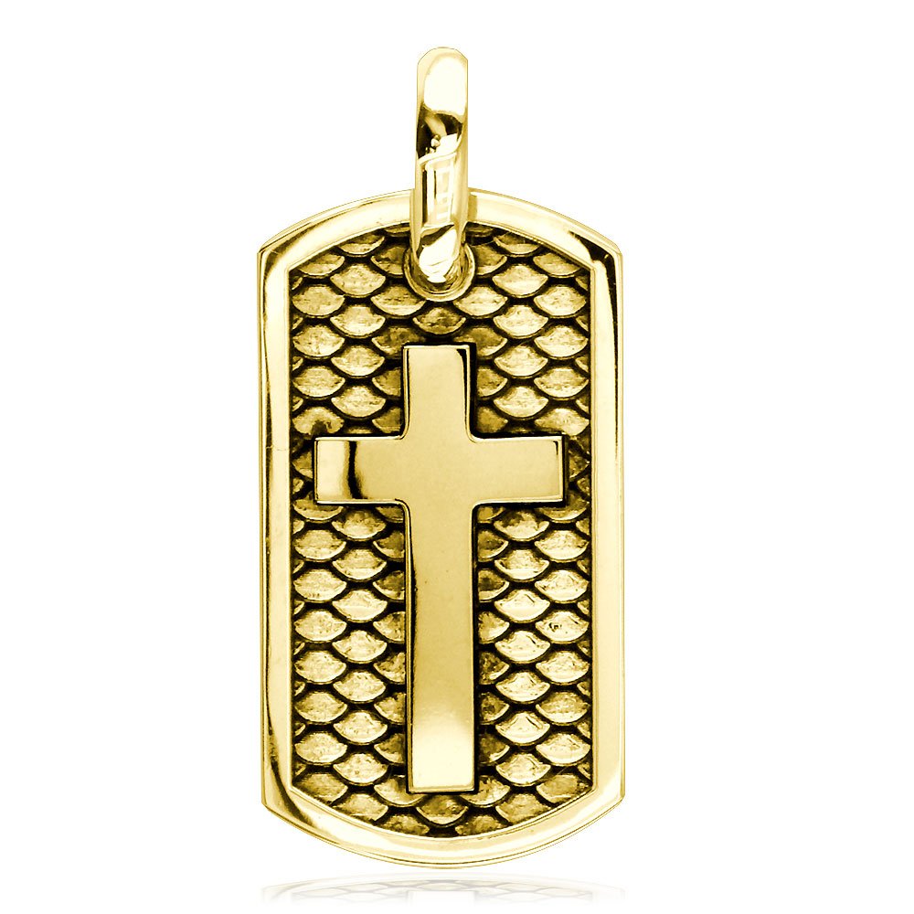 31Mm Hardcore Metal Snake Skin Cross Pendant Dog Tag In 14K Yellow Gold
