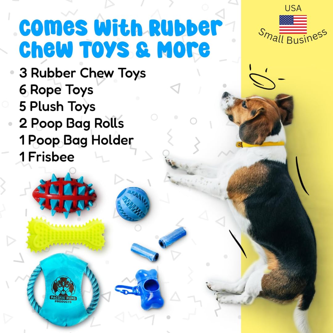 Pacific Pups Products 18 Piece Dog Toy Pack - Dog Chew Toys, Puppy Toys & Outdoor Dog Toys - Dog Toys To Keep Them Busy - Supports Non-Profit Dog Rescue - 18 Toys For Dogs