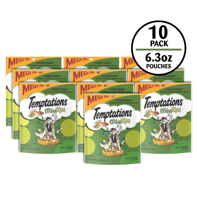 Temptations MixUps Catnip Fever Flavor Crunchy and Soft Cat Treats, 6.3 oz. Pouch (Pack of 10)