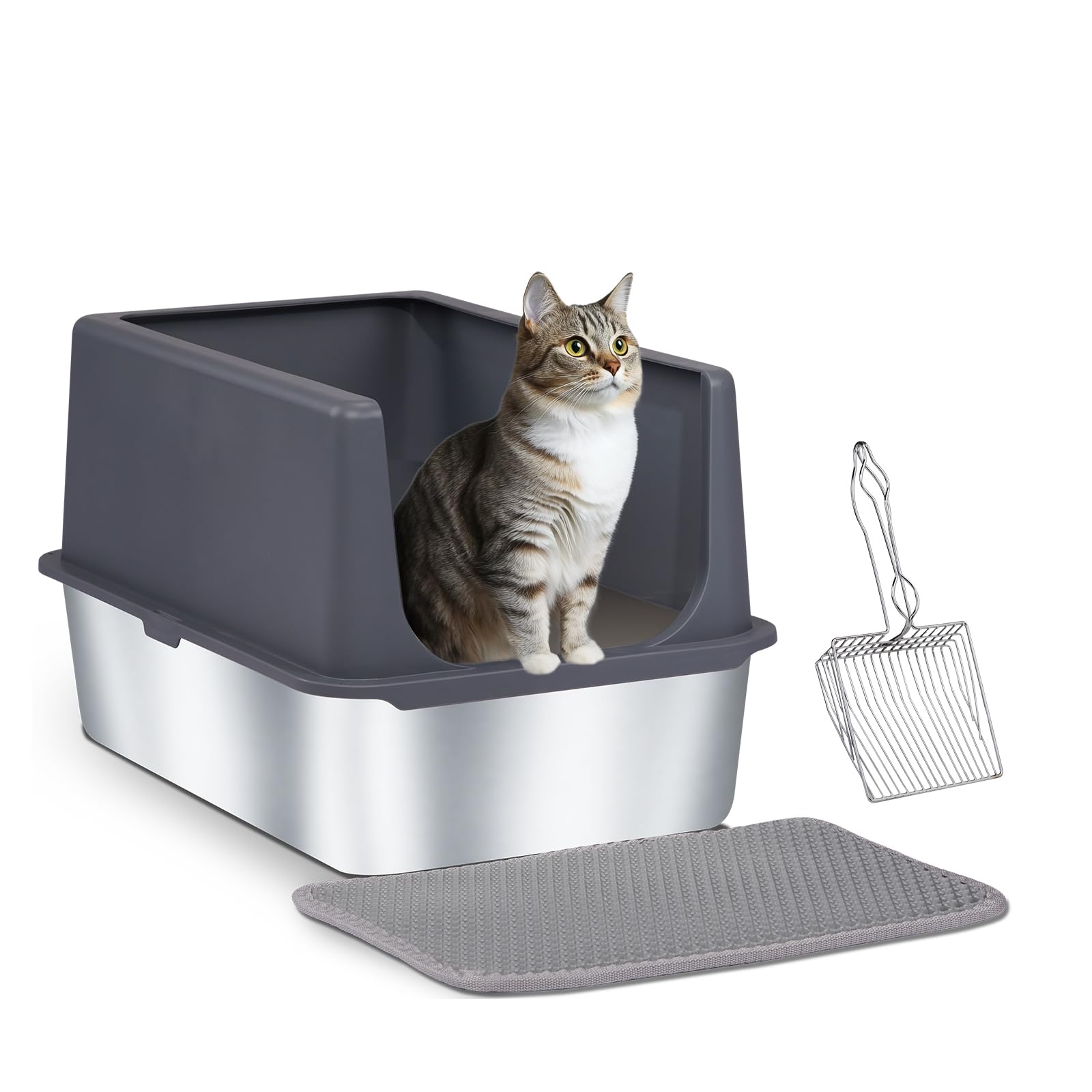 Outvita Enclosed Stainless Steel Cat Litter Box With Lid, Xl Metal Litter Box With Mat And Scoop, High Side To Prevent Spills, N