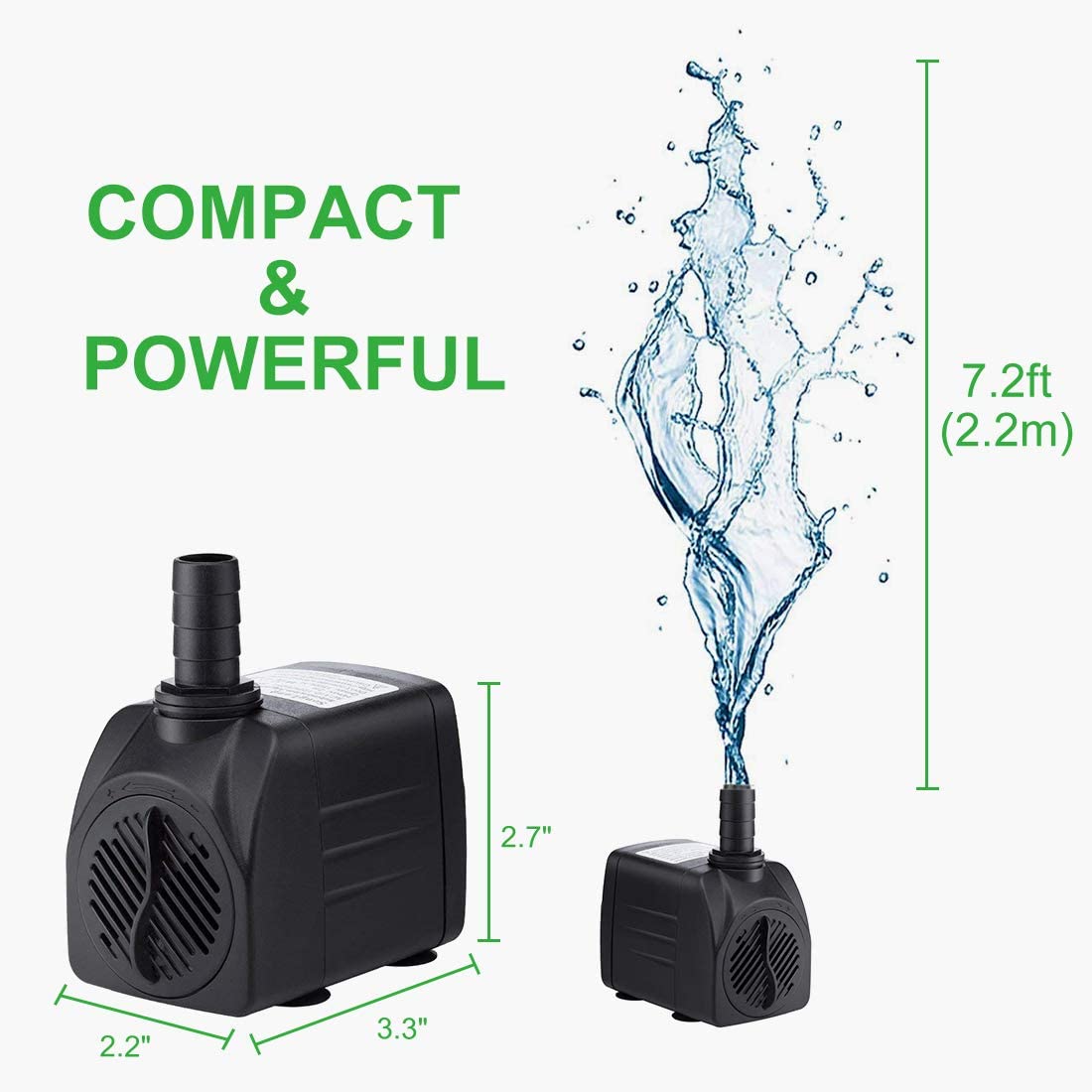 Growneer 2 Packs 550Gph Submersible Pump 30W Ultra Quiet Fountain Water Pump, 2000L/H, With 7.2Ft High Lift, 3 Nozzles, 4.9 Feet Tubing For Aquarium, Fish Tank, Pond, Hydroponics, Statuary