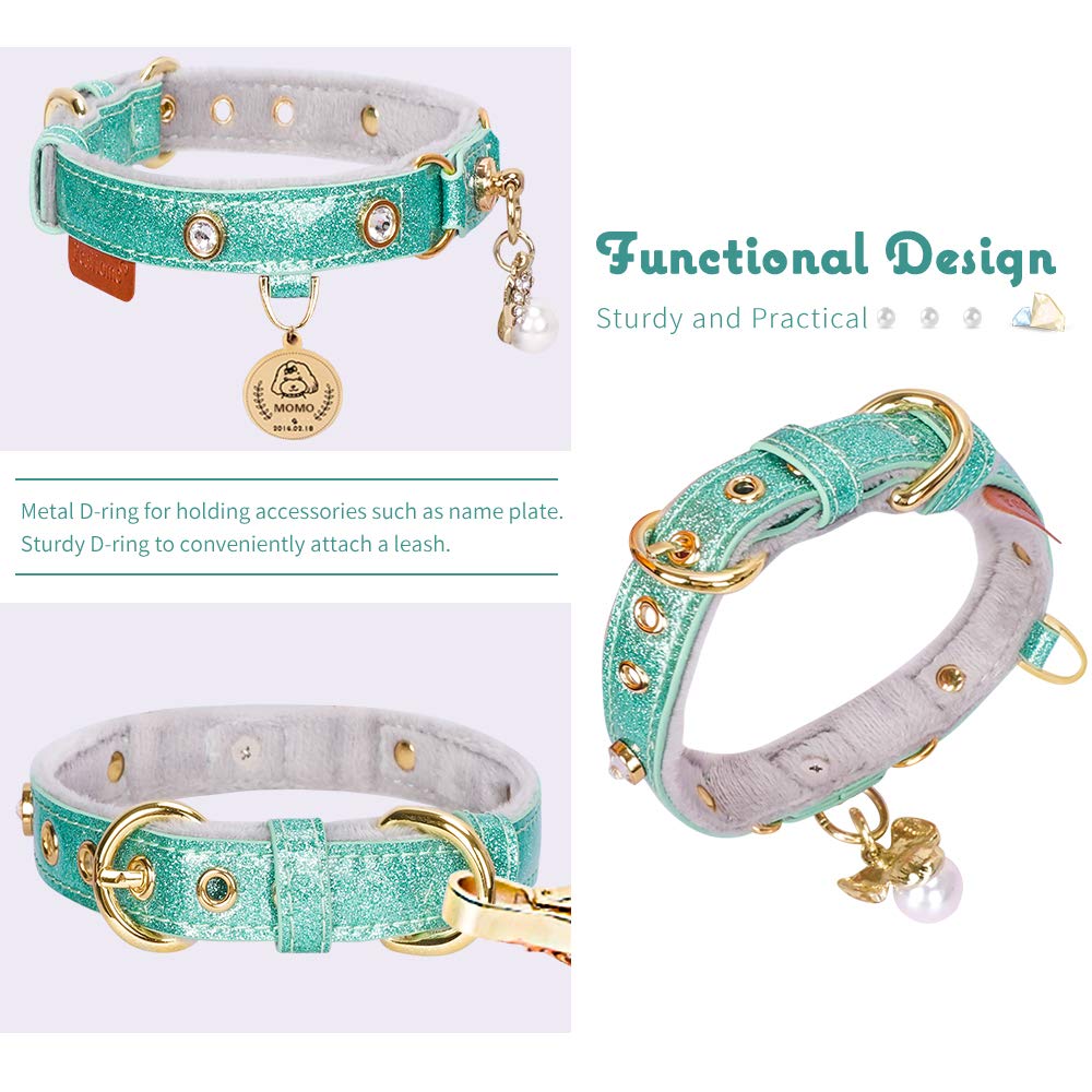 Petshome Cat Collar, Dog Collar, [Bling Rhinestones] Pu Leather Adjustable Pet Collar With Luxury Pendant For Cat And Small Dog Extra Small Mint Green