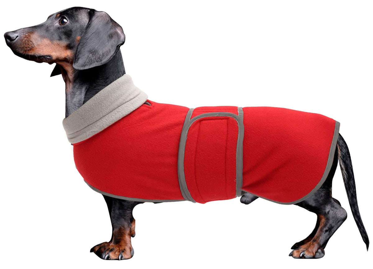 Dachshund Coats Sausage Dog Fleece Coat In Winter Miniature Dachshund Clothes With Hook And Loop Closure And High Vis Reflective Trim Safety - Red - Xs