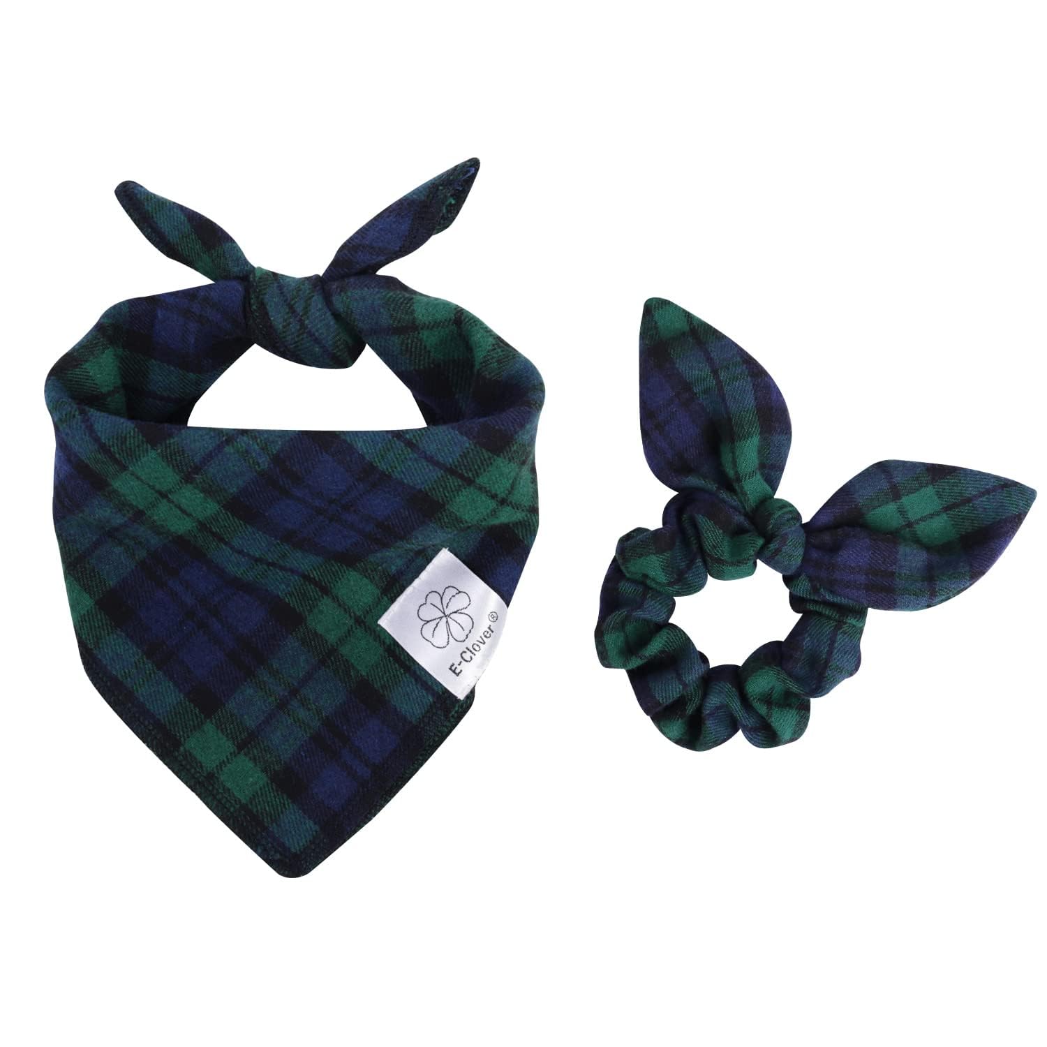 E-Clover Spring Dog Bandanas & Matching Scrunchie Set Plaid Scarf Kerchief For Small Dog Boy Puppy Bandana Pet Owner Blue Green