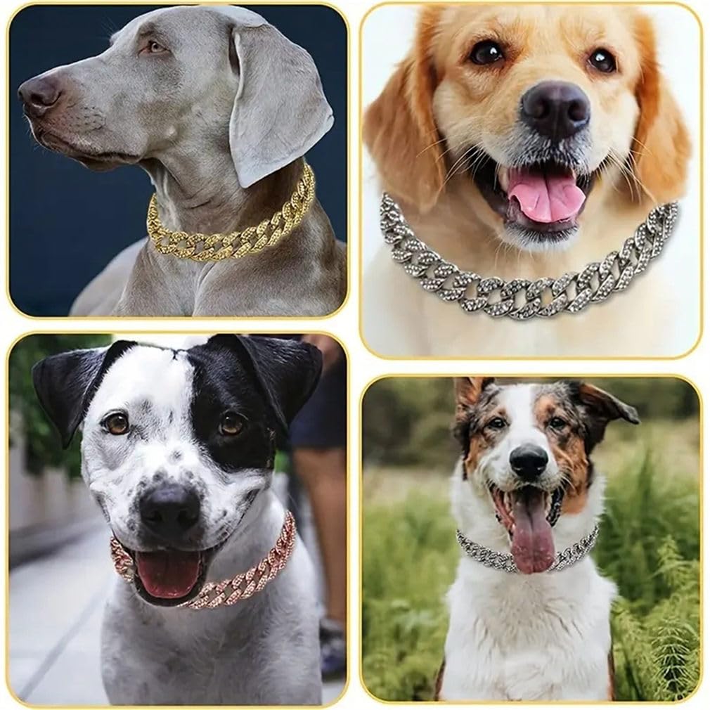 Sliver Dog Chain Collar, Glitter Sparkly Diamond Metal Necklace Cuban Link Rhinestone Puppy Collars For Small Medium Large Pet D