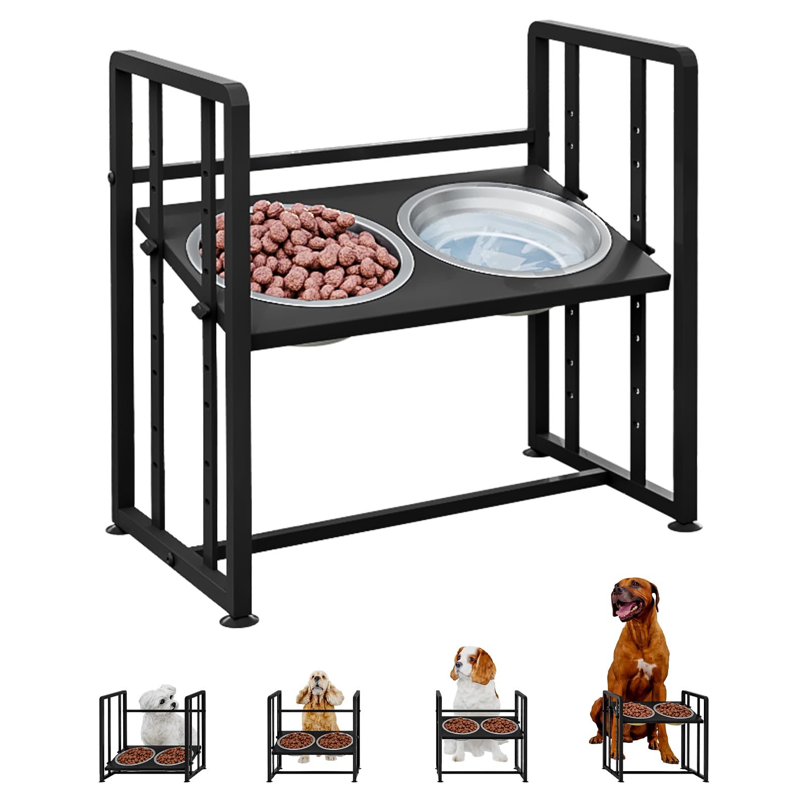Elevated Dog Bowls 4 Height Adjustable Metal Pet Food Feeder Stand with 2 Stainless Steel Bowl Raised Dogs Feeding Station with 
