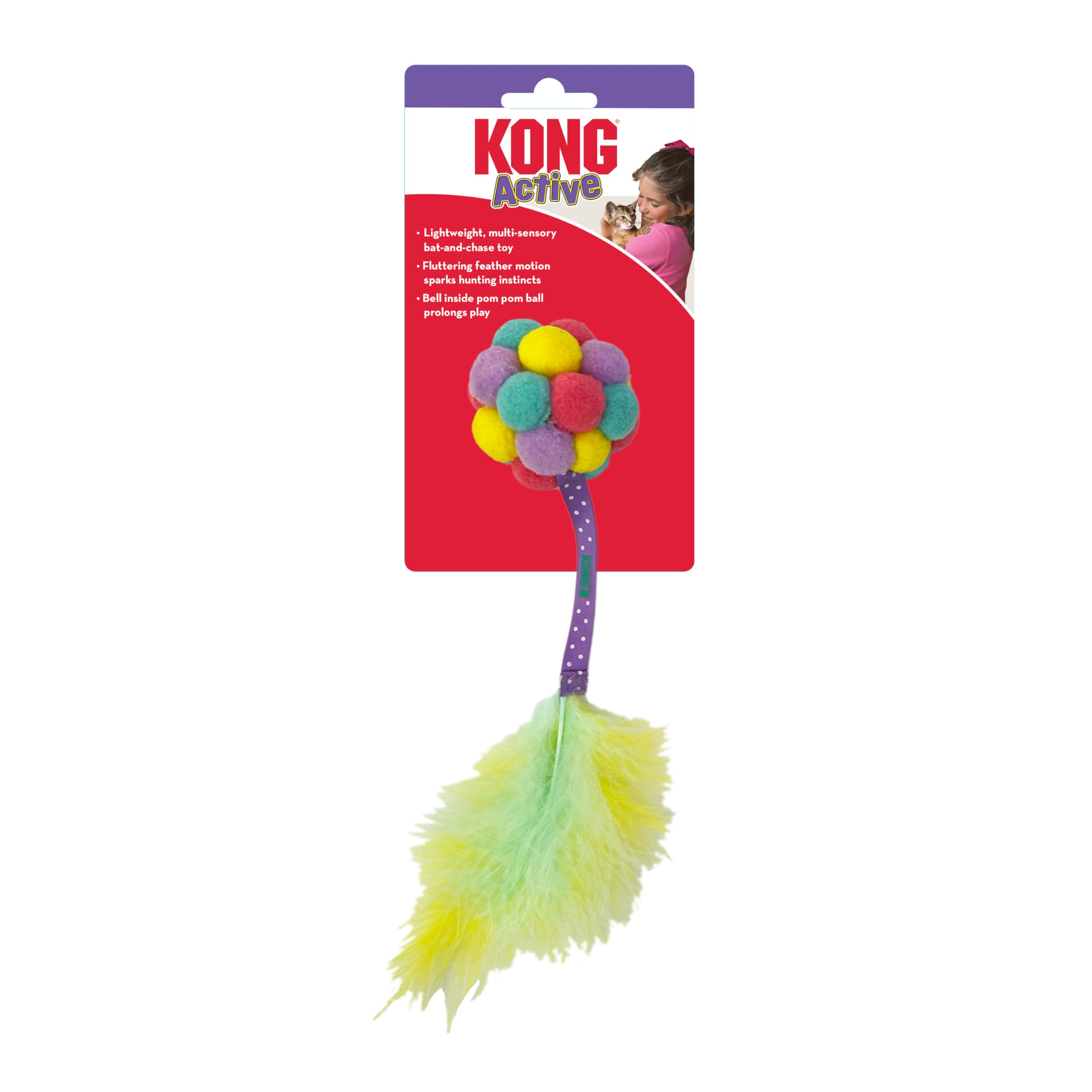 Kong Cat Active Bubble Ball, MultiSensory Bat & Chase Toy For Cats, Interactive Rolling Pompom Ball, Fluttering Feather Tail, T