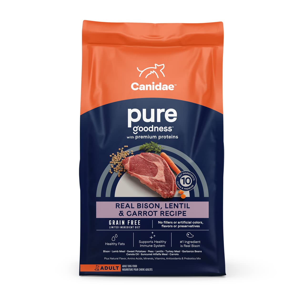 Canidae Pure Limited Ingredient Premium Adult Dry Dog Food, Real Bison, Lentil & Carrot Recipe, 21 lbs, Grain Free