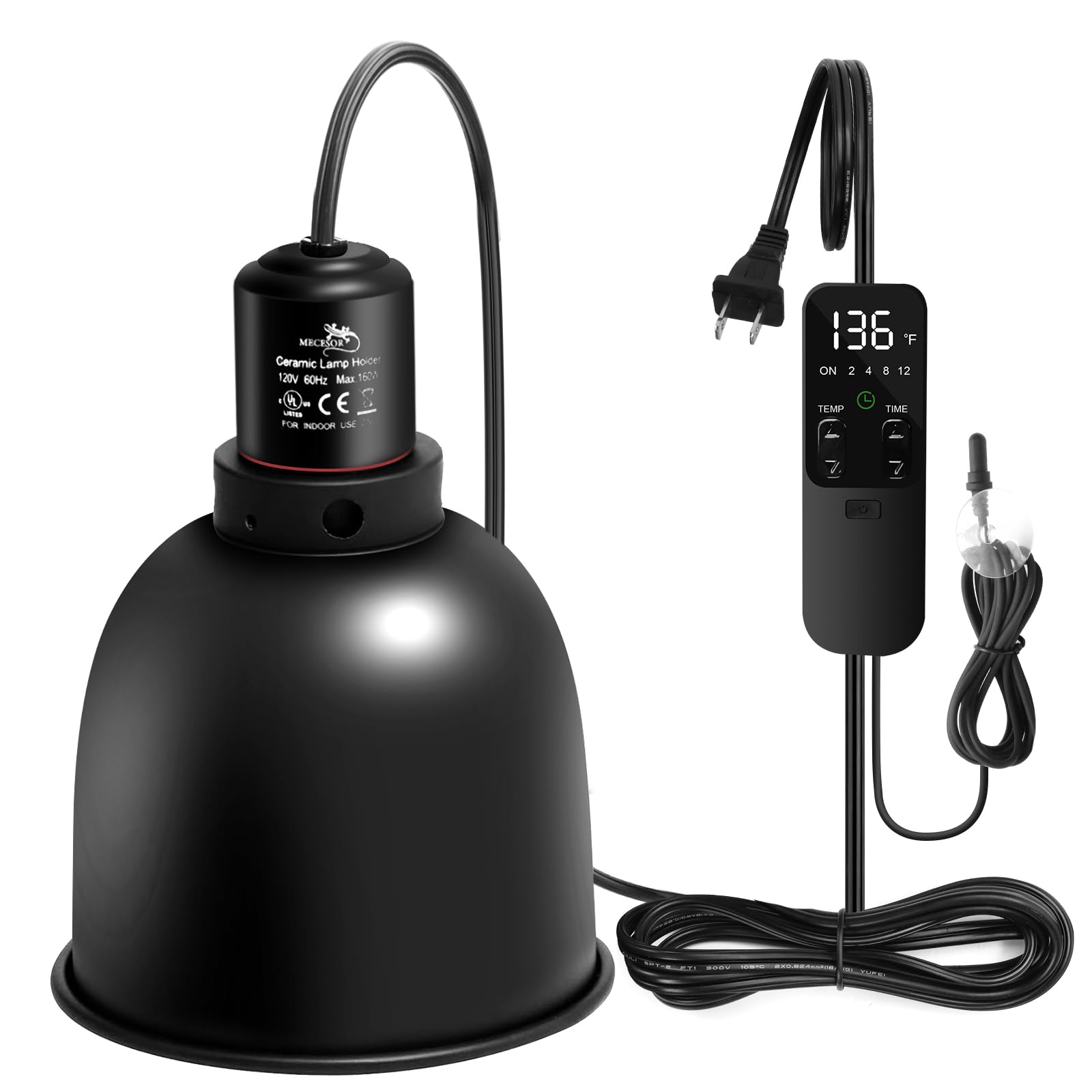 Mecesor 5.5'' Deep Dome Reptile Lamp Fixture With Thermostat Timer & Dual Controls, Heat-Resistant Ceramic Bulb Holder For Beard