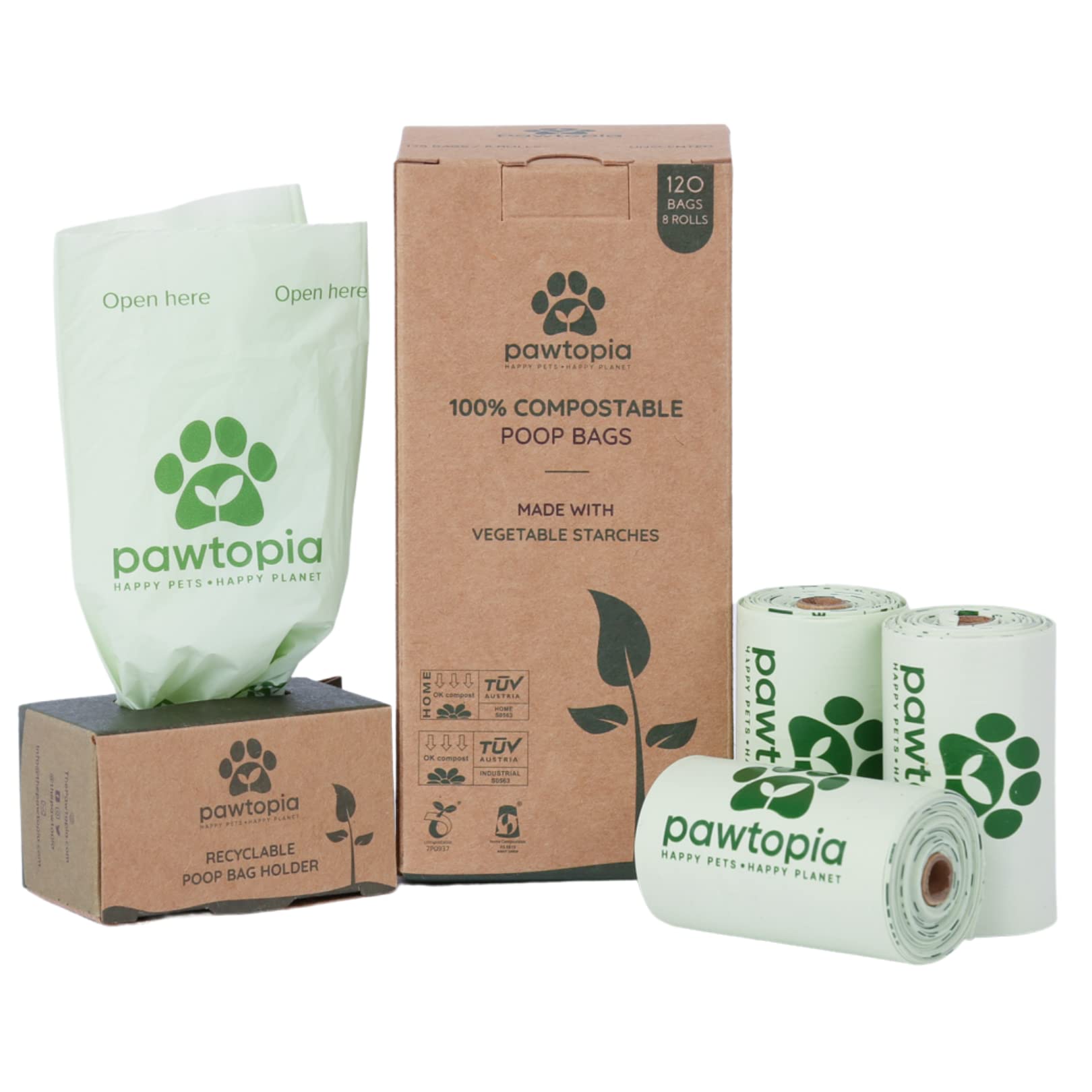 Pawtria Certified Home Compostable Dog Poop Bags (120 Bags + Paper Dispenser), Biodegradable Poop Bags, Cat Litter, Vegetable St