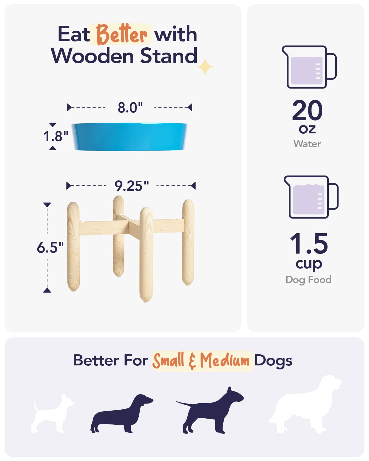 LE TAUCI Ceramic Slow Feeder Dog Bowls Elevated for Small and Medium Breed, Dog Bowls with Wooden Stand, 1.5 Cups Dog Dishes to