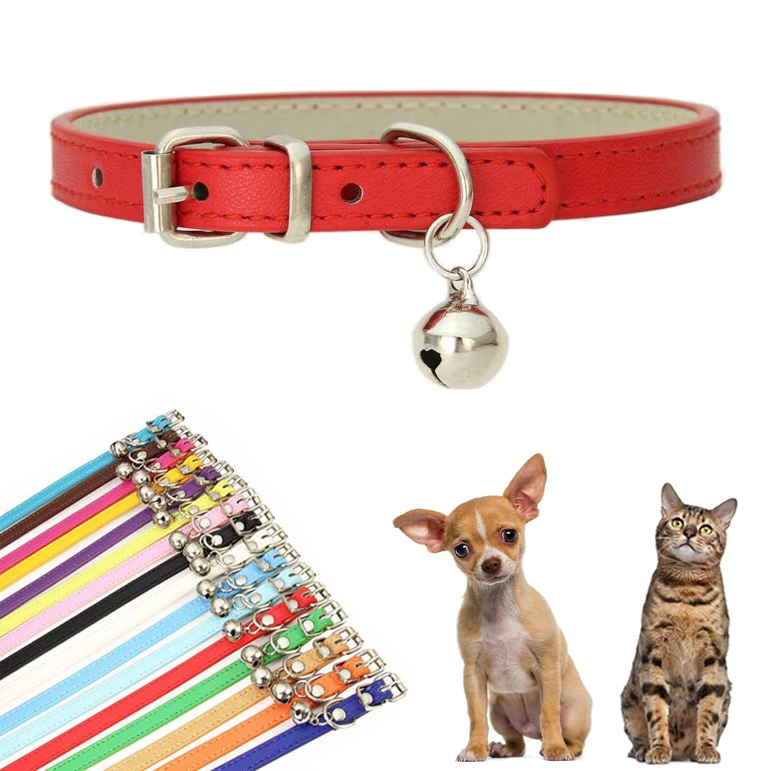 Red Dog Collar Bells for Small Dogs, Faux Leather Puppy Collar with Bells Pu Basic Boy Dog Collars for XXS XSmall Small Medium P