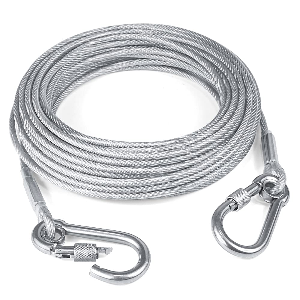 Tresbro 50Ft Reflective Dog Tie Out Cable For Dogs Up To 250 Pounds, Steel Wire Dog Leash Cable With Stainless Dual Fix Buckle, 