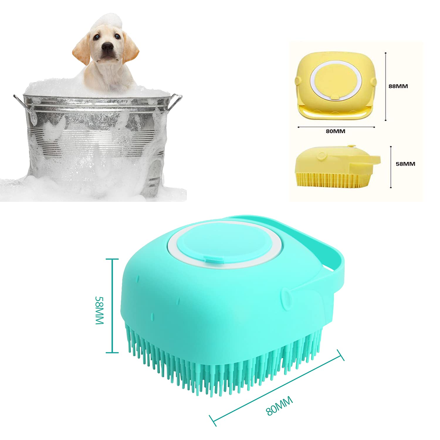 ELEGX Pet Grooming Brush with Soap Dispenser, Soft Silicone, for Dogs & Cats, Yellow, Model ELEGX, 1 PCS