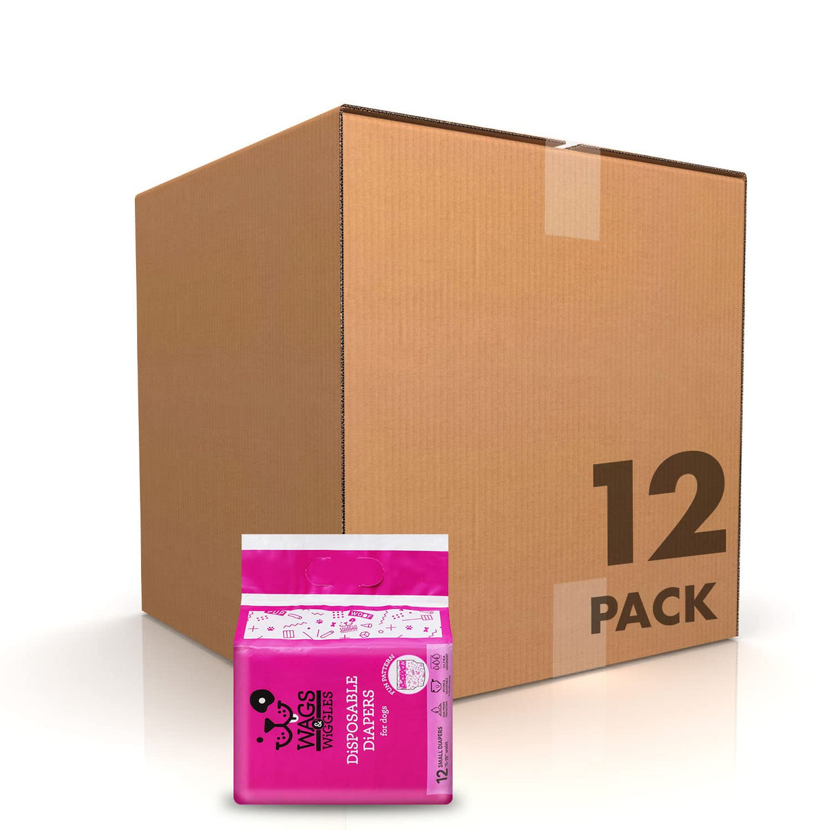 Wags & Wiggles Female Dog Diapers  Doggie Diapers For Female Dogs  Small Dog Diapers, 15''-19'' Waist - 12 Pack, 144 Total  Disp