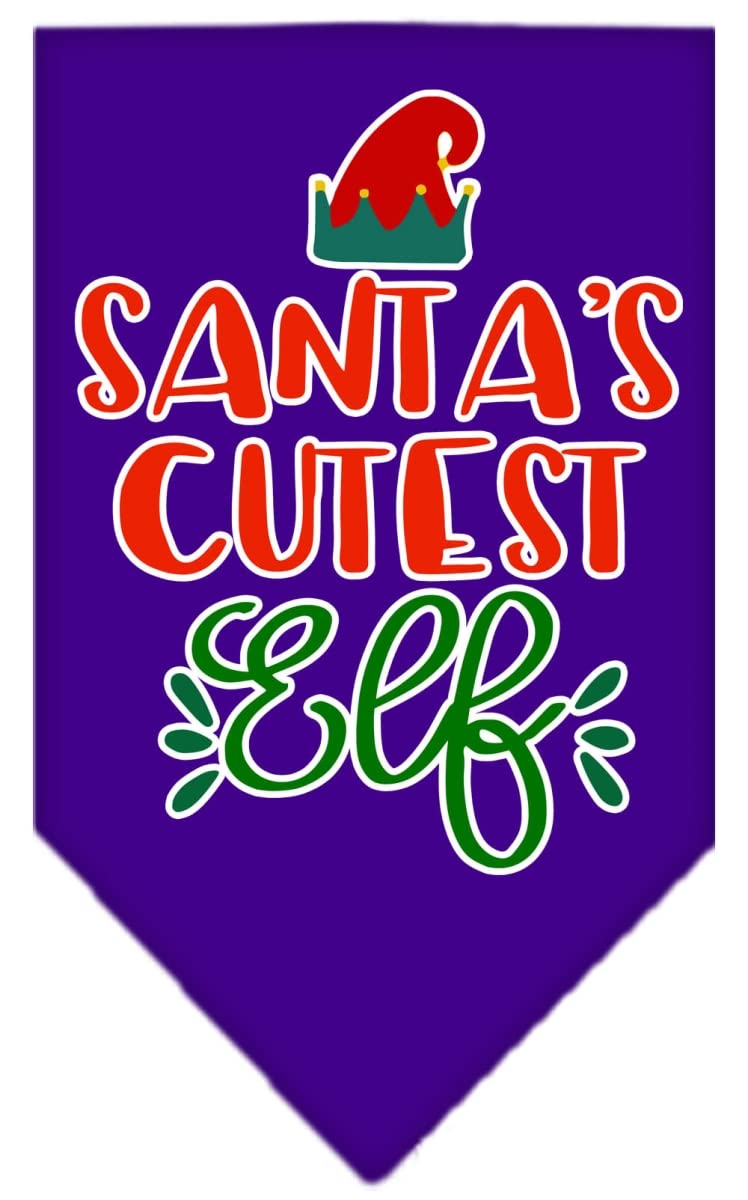 Christmas Pet and Dog Bandana Screen Printed, &quot;Santa's Cutest Elf&quot; Purple Large