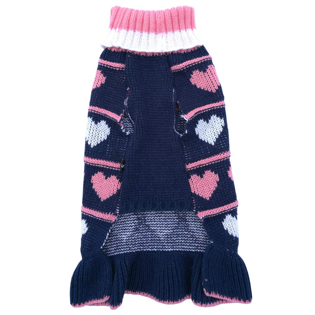 Jecikelon Pet Dog Long Sweaters Dress Knitwear Turtleneck Pullover Warm Winter Puppy Sweater Long Dresses (Navy Heart, Medium)