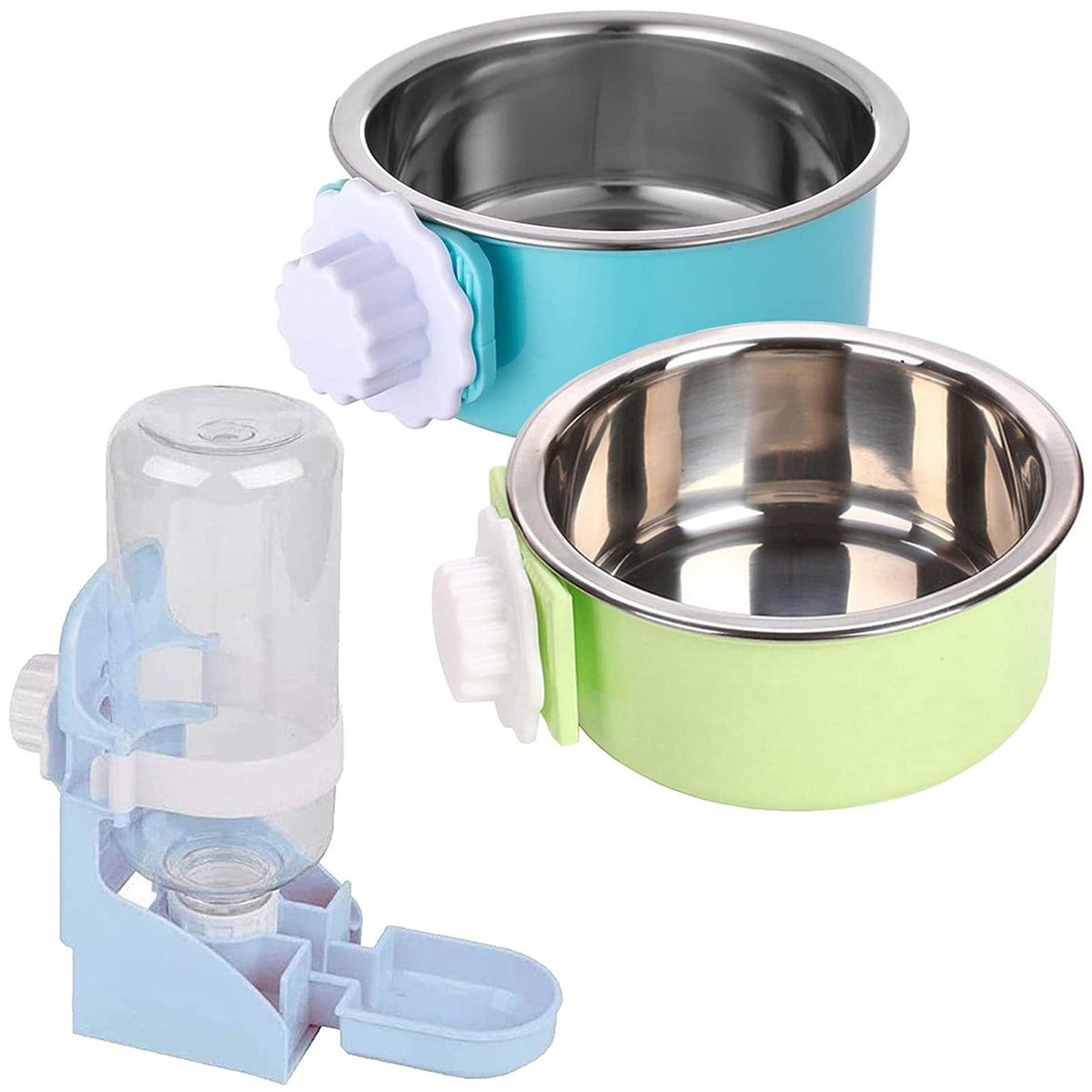 Hamiledyi Crate Bunny Food Bowl Removable Stainless Steel Pet Dog Cage Dual Bowls Plastic Hanging Water Fountain Automatic Bottle Food & Water Feeder Coop Cup For Rabbit Cat Puppy Guinea Pigs 3Pcs