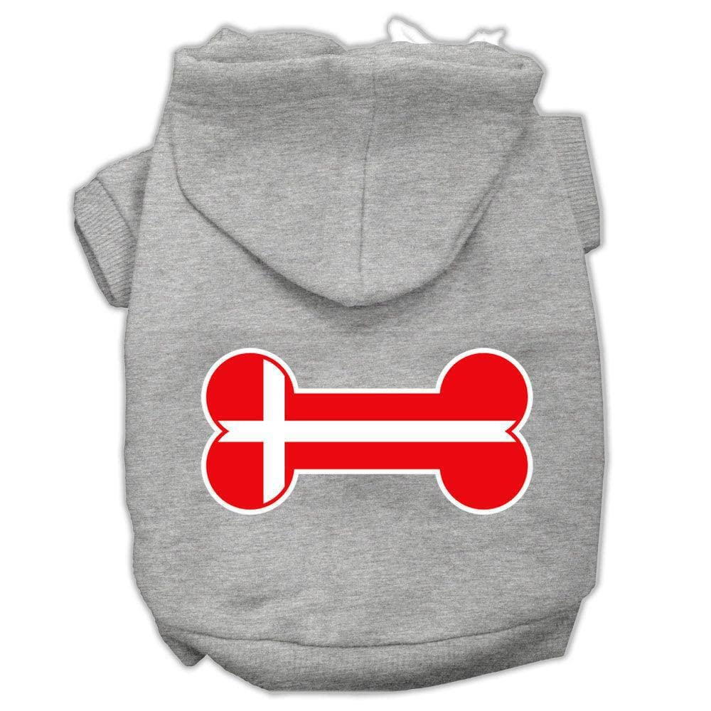 Pet, Dog & Cat Hoodie Screen Printed, 'Bone Shaped Denmark Flag' Gray Md (6-10 Lbs.)