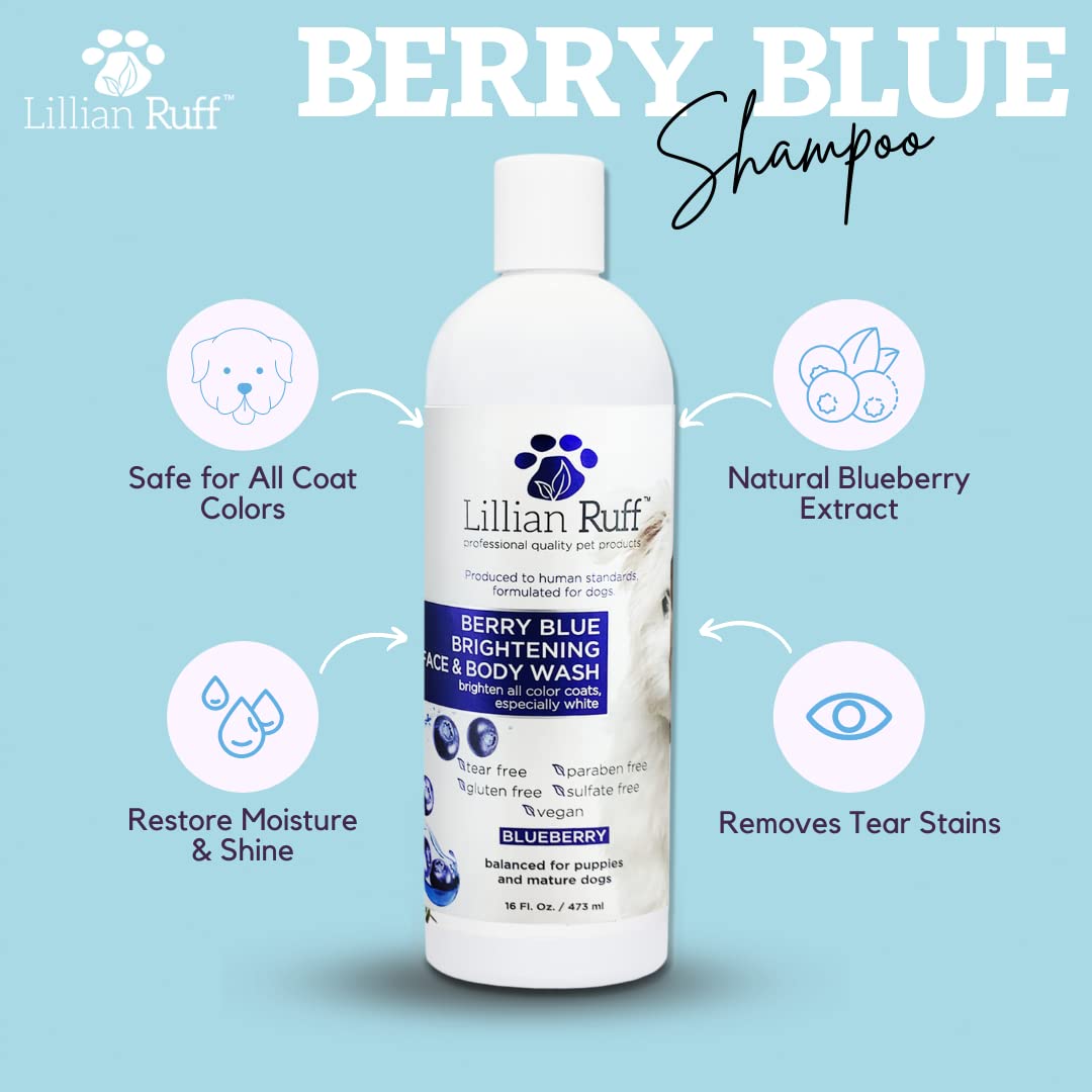Lillian Ruff Berry Blue Brightening Face And Body Wash For Dogs - Blueberry Shampoo - Remove Tear Stains, Hydrate Dry Itchy Skin, Add Shine & Luster To Coats (Berry Blue Brilliance Bundle)