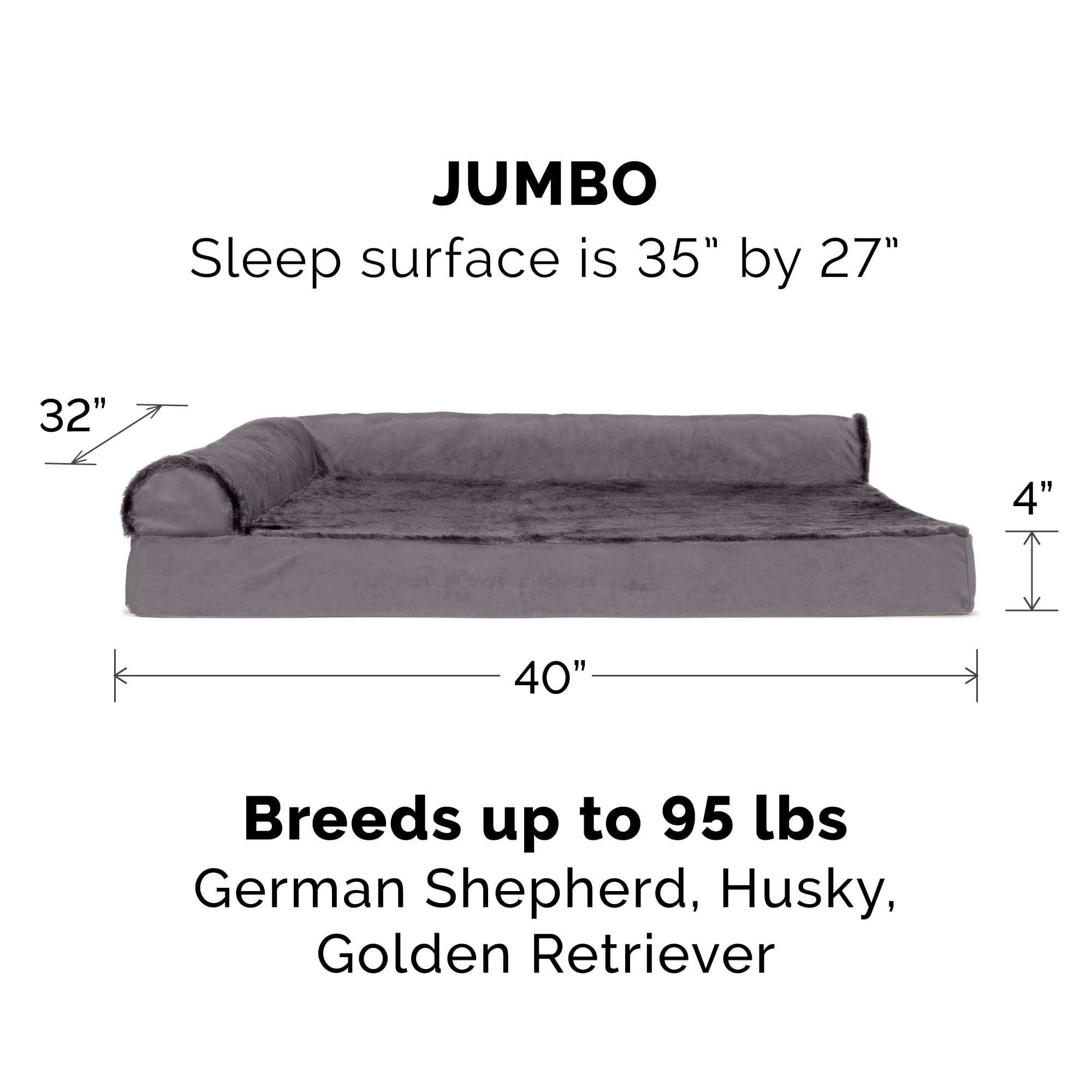 Furhaven Orthopedic Dog Bed For Large Dogs W/ Removable Bolsters & Washable Cover, For Dogs Up To 95 Lbs - Plush & Velvet L Shaped Chaise - Platinum Gray, Jumbo/Xl