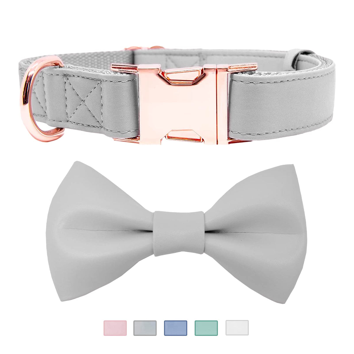 Soft Leather Bowtie Dog Collar - Adjustable Cute Bow Tie Collar [Easy To Clean] With Stylish Rose Gold Heavy Duty Metal Buckle For Small Medium Large Dogs Boy Or Girl Gift Grey M