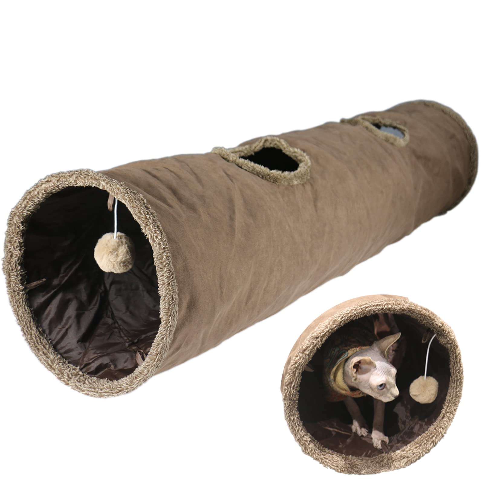 Terunat Cat Tunnel For Indoor Cats, 51×12 Inch Foldable Big Cat Tunnel, Brown Suede Pet Tunnels With Two Peepholes And A Bubble Ball