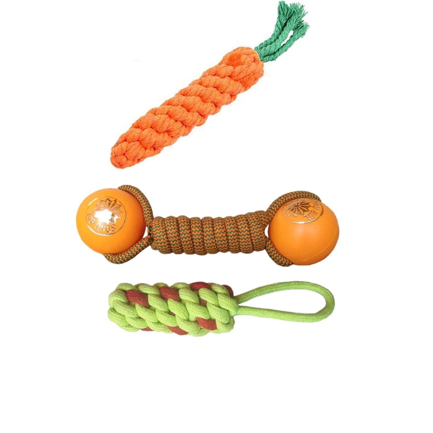 Pet Believe Dog Combo Of 3 Durable Cotton Made Rope Toys For Dogs & Puppies |2 Carrot Rope Toy | 1 Rope Plastic Ball (Combo Of 3