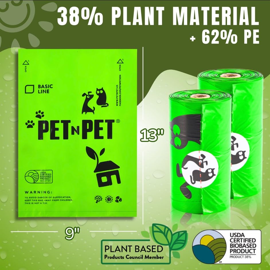 Pet N Pet 1080 Counts Green Poop Bags For Dogs, 38% Plant Based & 62% Pe Extra Thick Dog Poop Bags Rolls, 9' X 13', Unscented Pet Waste Bag