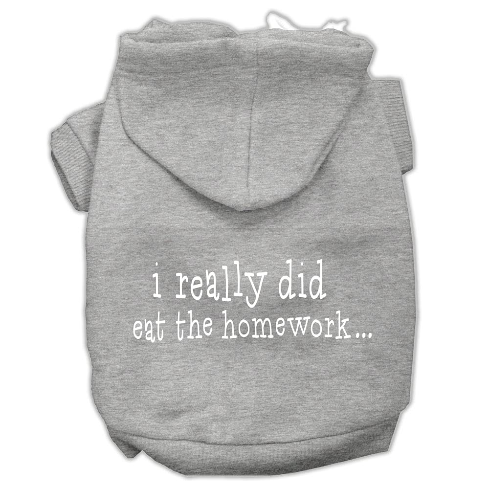 Pet Dog & Cat Hoodie Screen Printed, &quot;I Really Did Eat The Homework&quot; Gray XS (0-3 lbs.)