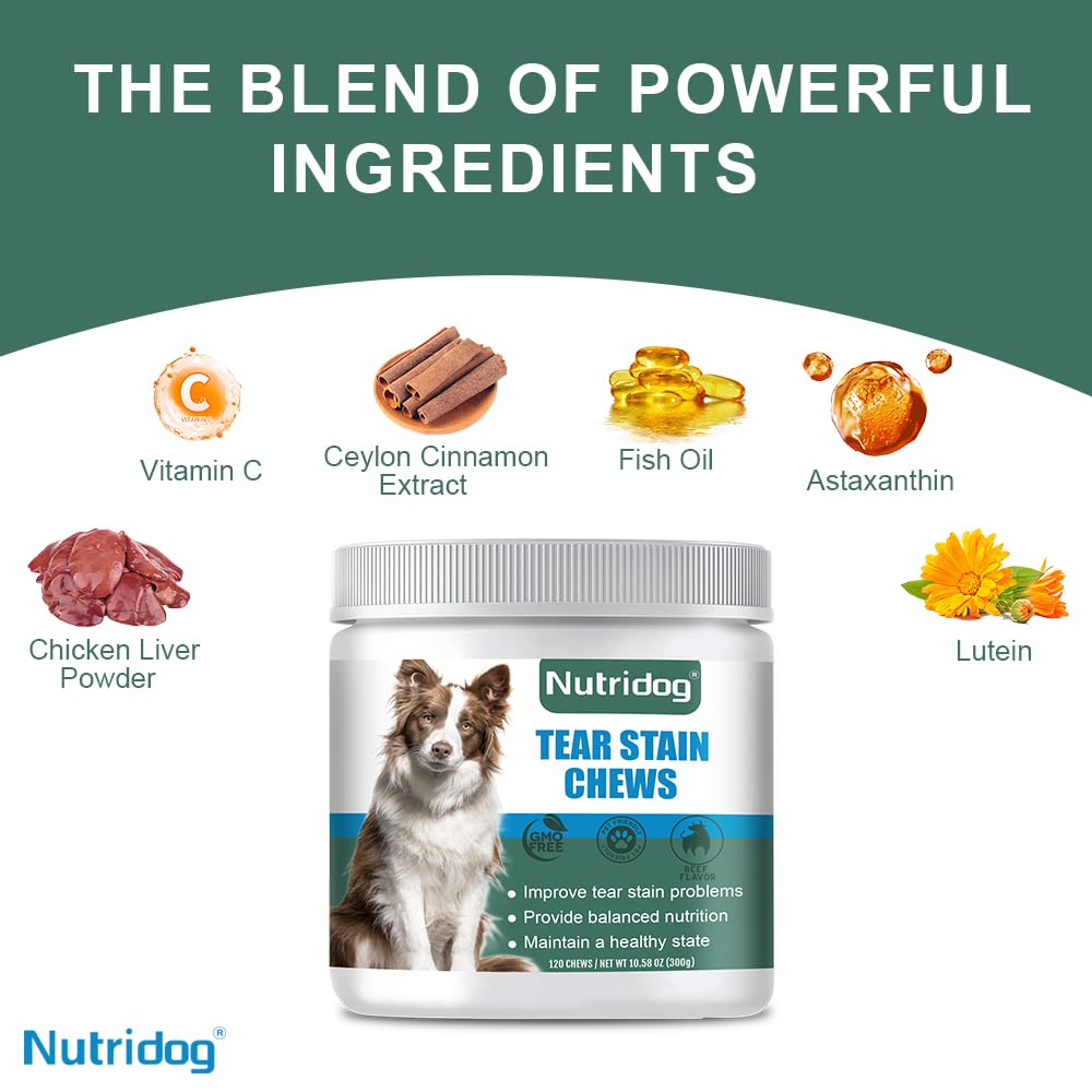 Nutridog Tear Stain Chews for Dogs - Dog Tear Stain Remover & Supplement with Antioxidant Blend, Vitamin C, Lutein - 120ct Beef
