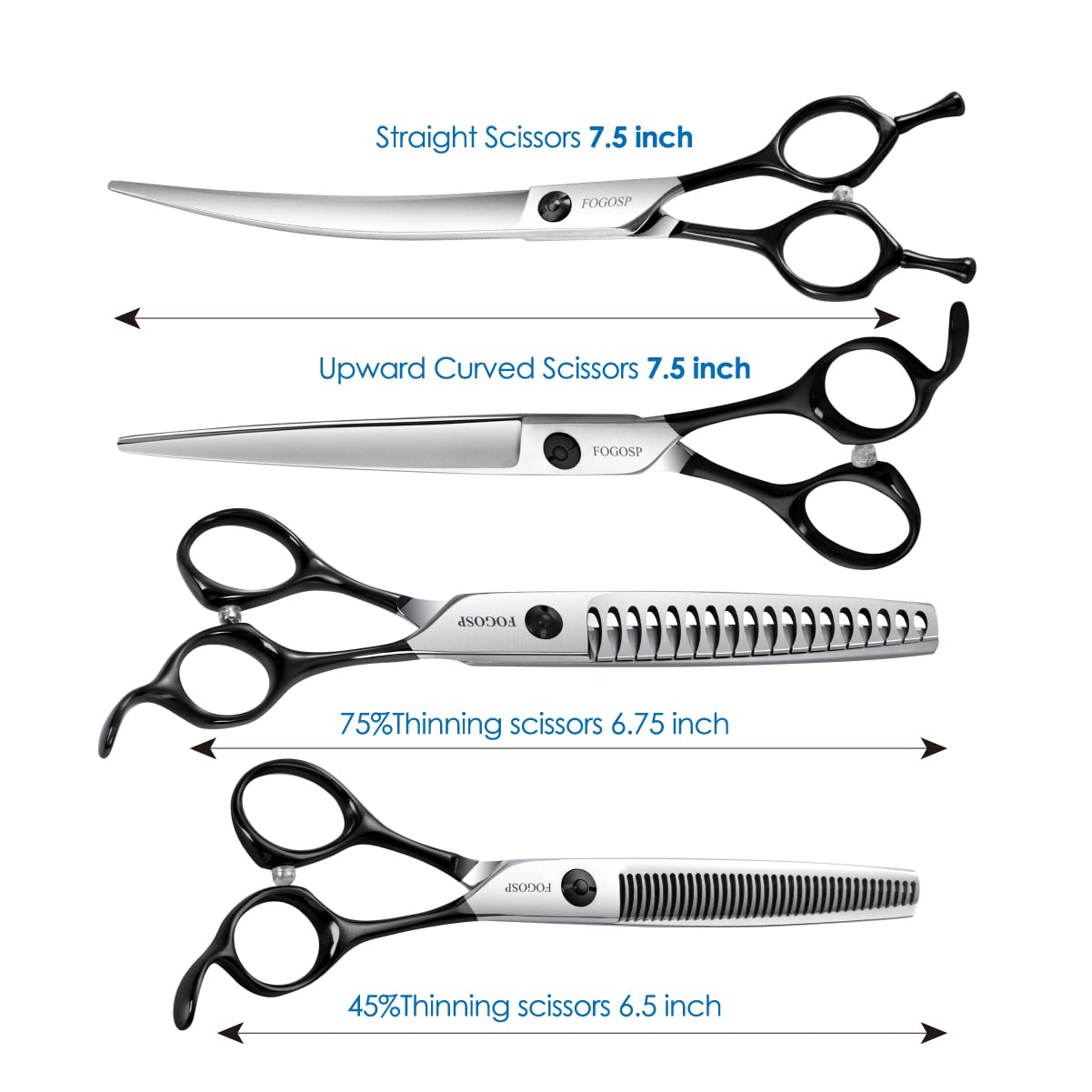 Fogosp Professional 7.5'' Dog Grooming Scissors Kit 4Pcs, Jp 440C Stainless Steel Curved Blender Straight Chunker Shears For Dog