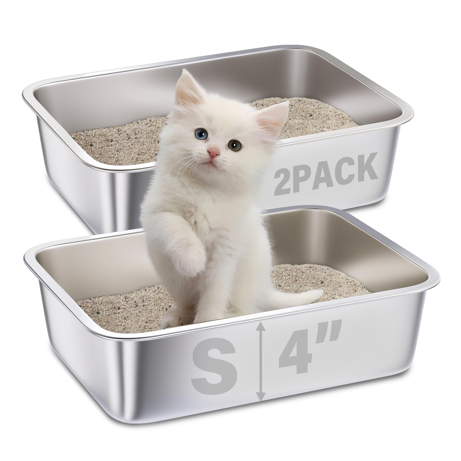 Futam Small Stainless Steel Litter Box 2 Pack,15.7''X11.8''X4'' Small Litter Box For Kittens, Easy Clean Non Stick Easy Entry No