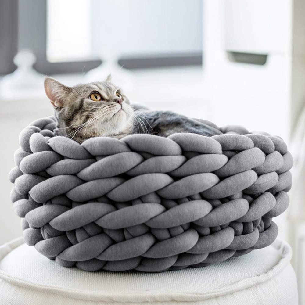 Lucky Monet Cat Basket Bed Cotton Knitted Round Pet Beds For Cats Cute Boho Cat Pet Bed Warm Woven Cat Nest For Puppy Kitten Cats Dogs (19.7', Blue)