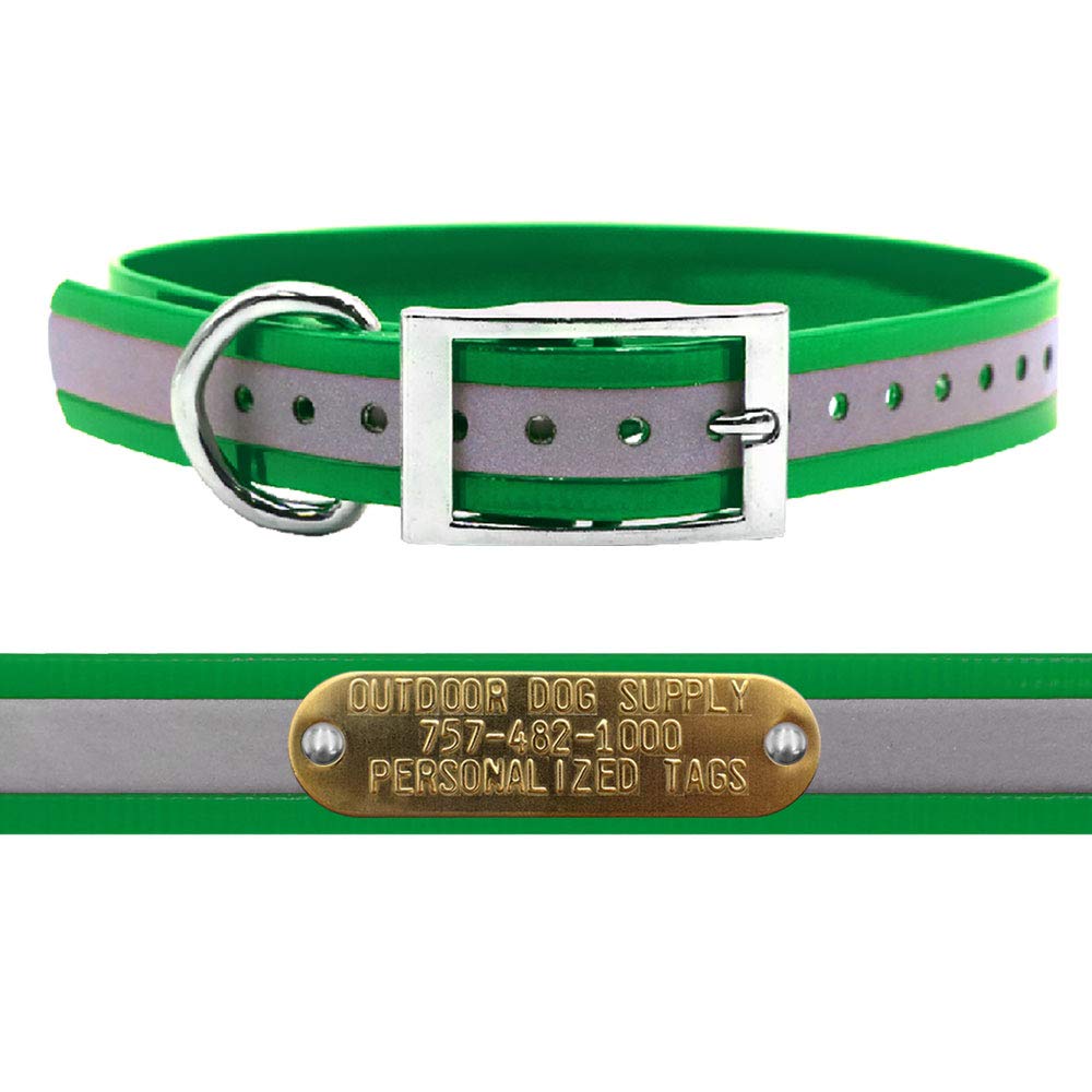 Outdoor Dog Supply's 1'' Wide Reflective D Ring Dog Collar Strap with Custom Brass Name Plate (21'' Long, Reflective Dark Green)
