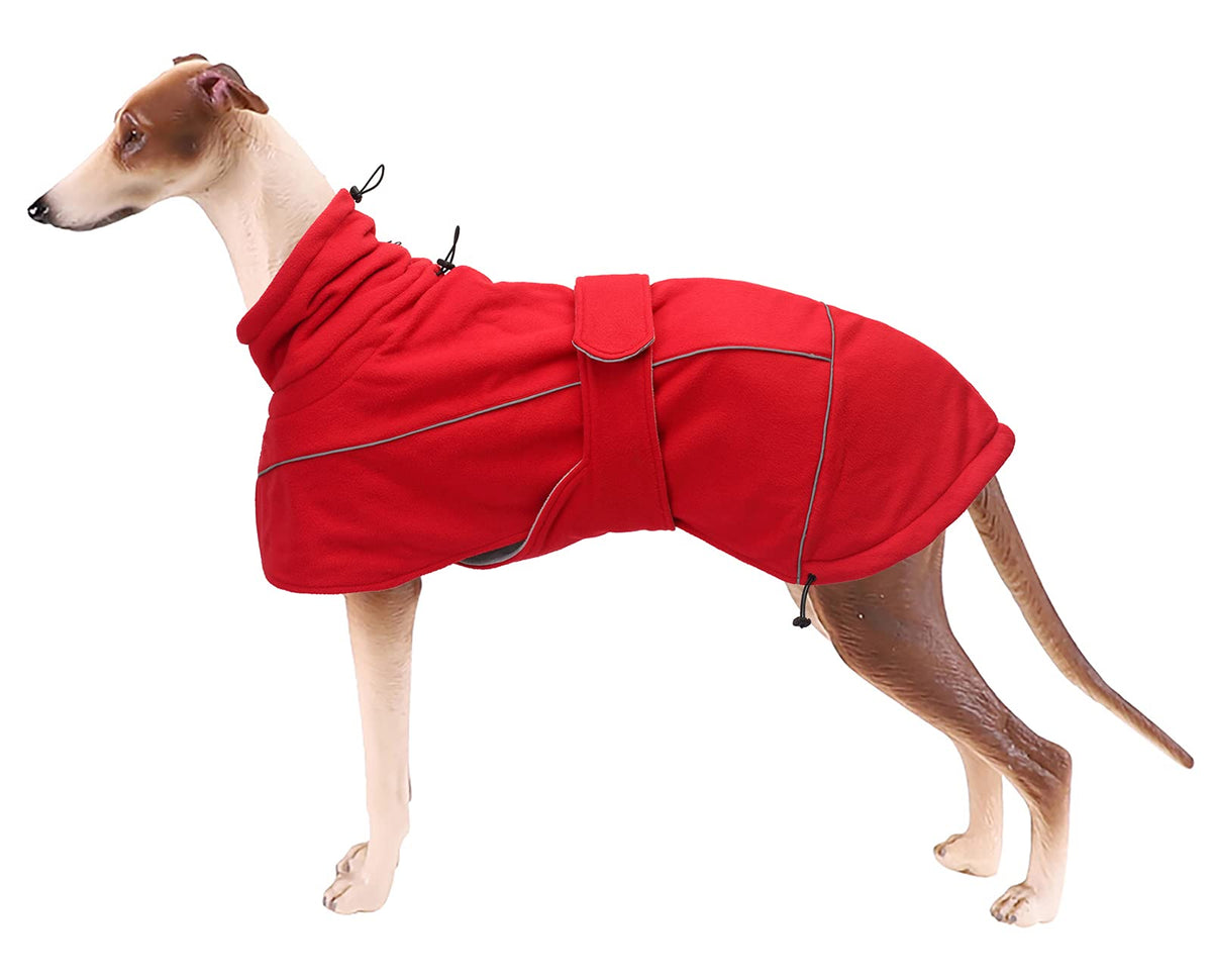 Greyhound Lurcher Winter Coat, Whippet Warm Coat With Fleece, Water Resistant Dog Jacket With Adjustable Bands And Zipper Harness Hole - Red - Xlarge