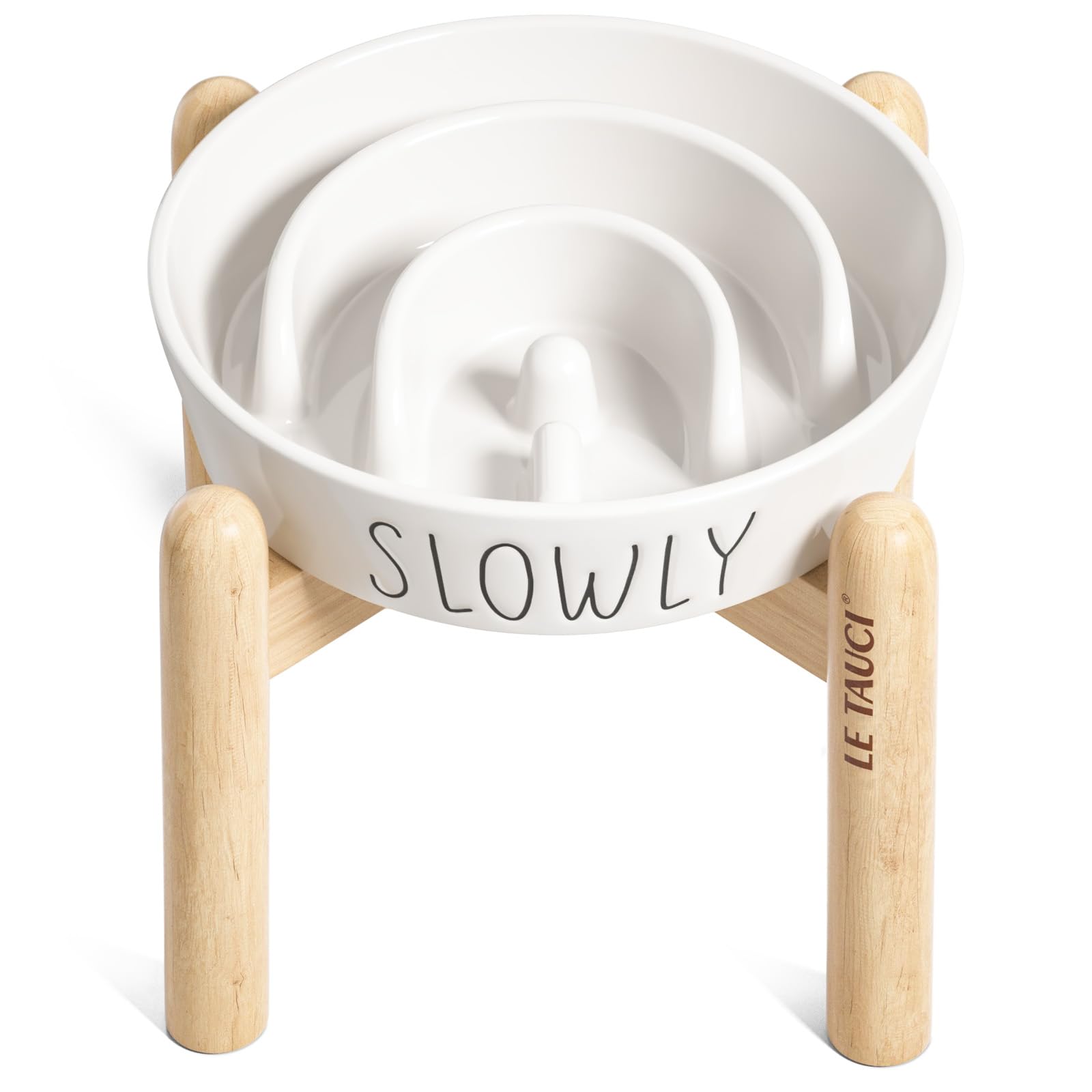 Slow Feeder Dog Bowl With Wooden Stand - 3 Cup Ceramic Raised Bowl For Medium Large Breed Dogs, Puzzle Feeder To Slow Down Eatin