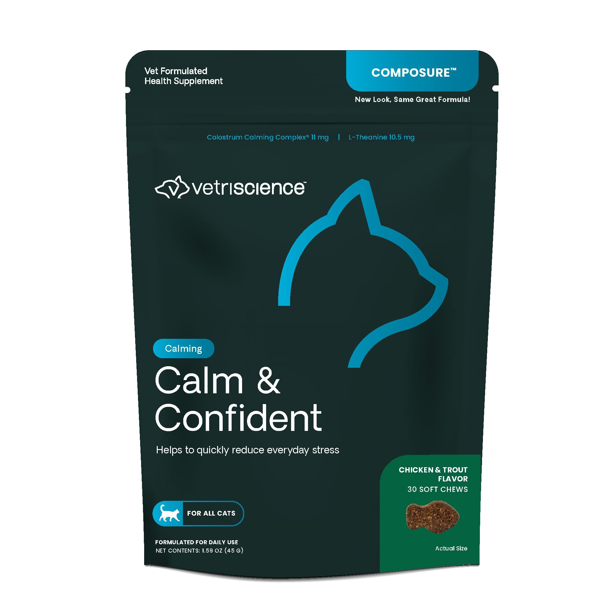 VetriScience Calm & Confident Chews, Composure Calming and Anxiety Supplement for Cats, Reduce Stress and Fear, Ideal for Travel