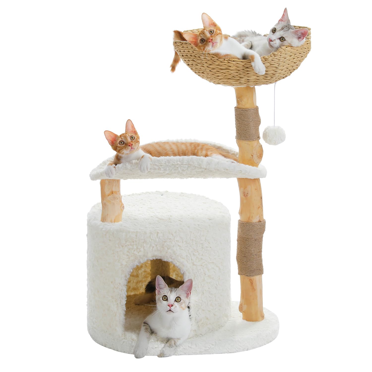 Pawz Road Cat Tree For Indoor Cats Large Adults,38 Inches Modern Cat Tree Tower With Spacious Wicker Basket,Natural Solid Wood S