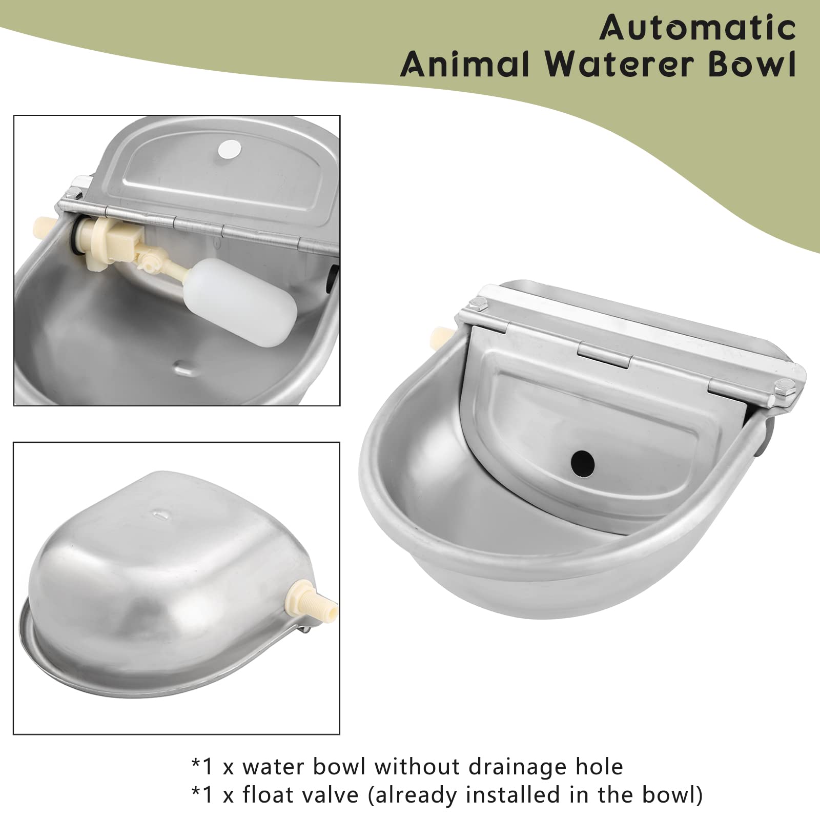 Natgai Automatic 304 Stainless Steel Waterer Bowl, Automatic Cow Drinking Water Bowl With Float Valve Water Trough Farm Grade For Horse Cattle Goat Sheep Dog (Without Drainage Hole)