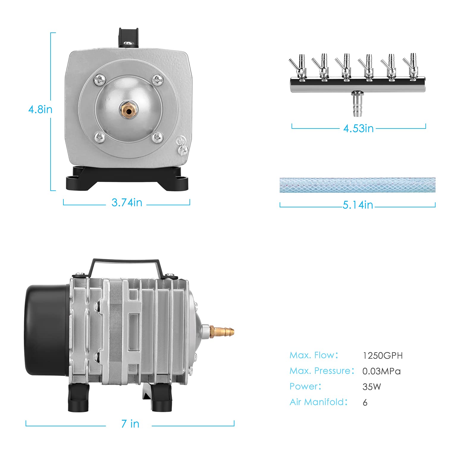 Kulife Aquarium Air Pump 1250GPH, Silver Aluminum Aerator, Model ACO-003 for Fish Tank & Hydroponics