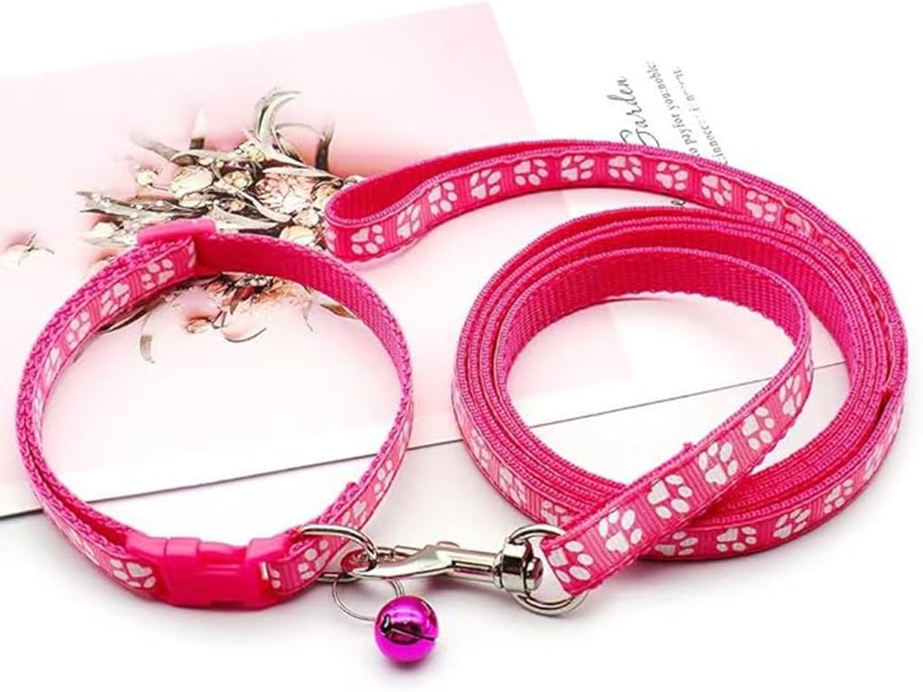 Hot Pink Xs Dog Collar Leash Set, Nylon Puppy Collars With Bell Paw Print Basic Reflective Small Dog Collars Girls For Xxs Xs Sm
