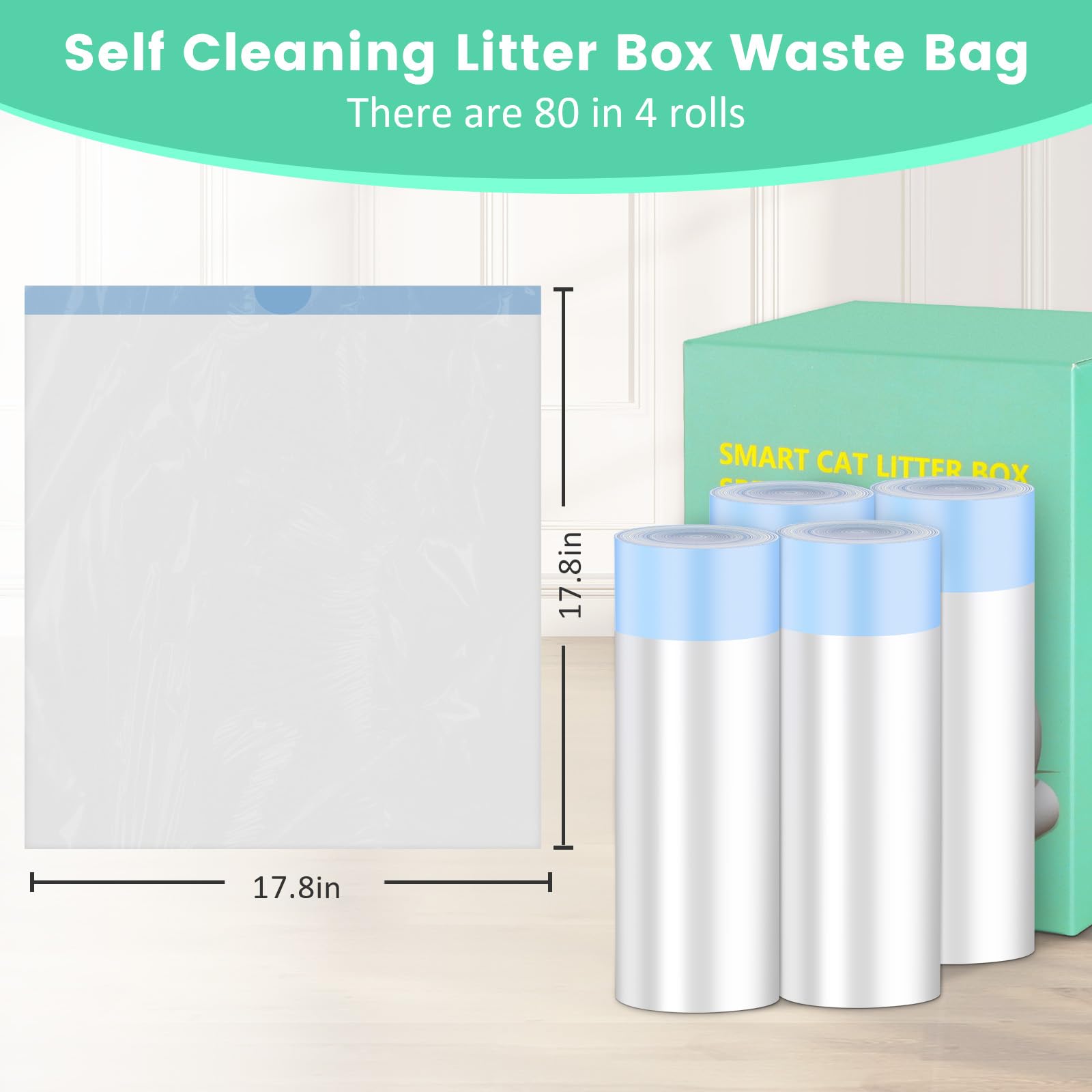 80 Count Waste Bags For Self Cleaning Cat Litter Box, 17.8 X 17.8 Inches Replacement Extra Large Liners, 4 Rolls Of Drawstring T