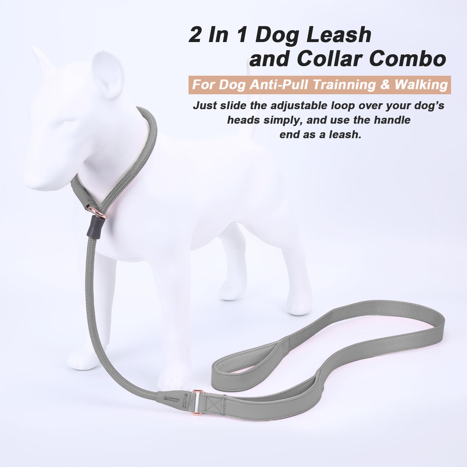 Aaufilux Slip Lead Dog Leash, Double Handle, Soft Leather, Heavy Duty Nylon, No Pull Walking, Grey, 5Ft