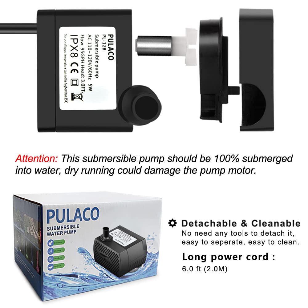 Pulaco 95Gph 5W Mini Submersible Water Pump For Aquarium Fish Tank, Pond, Fountain, Hydroponics