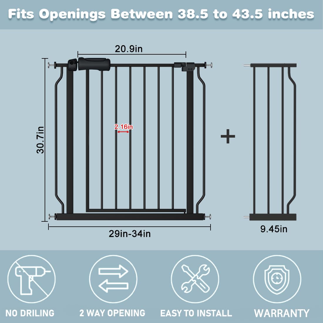 Flower Frail Extra Wide Black Baby Gate 38.5-43.5 Inch Walk Through Pressure Mounted Safety Gate No Drill Tension Metal Gate For Dog Cat And Infant Toddler