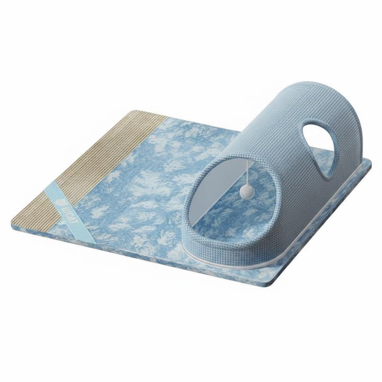 Ecomistiq Breathable Feline Scratcher Tunnel Dangling Toy Included Feline Tunnel Bed For Cats, Kittens, Indoor, Blue, M