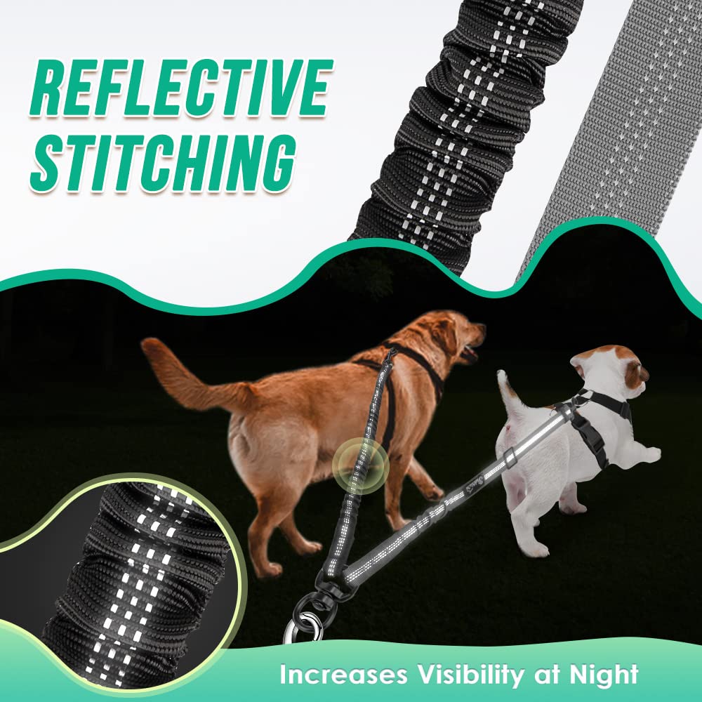 Autowt Two Dog Lead, 2 In 1 Upgraded Double Dog Leash Attachment Combine Adjustable Strap And Shock Absorbing Bungee No Tangle Dual Training Splitter For Medium Large Dogs (Black & Grey)