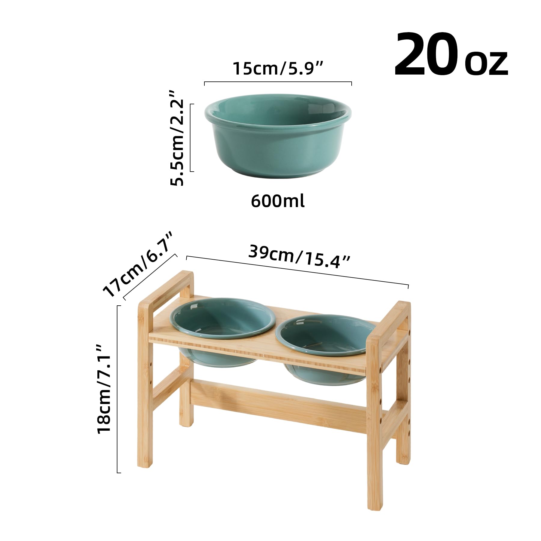 Havniva Ceramic Adjustable Raised Double Dog Bowls With Wooden Stand, 3 Heights Elevated For Small Dogs (Double 5.9'' Bowls, Dar