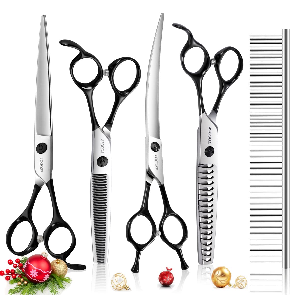 Fogosp Professional 7.5'' Dog Grooming Scissors Kit 4Pcs, Jp 440C Stainless Steel Curved Blender Straight Chunker Shears For Dog